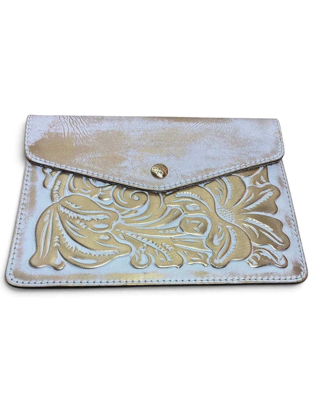 Patricia Nash Gold Tooled Leather Envelope Clutch Wallet White Floral Embossed